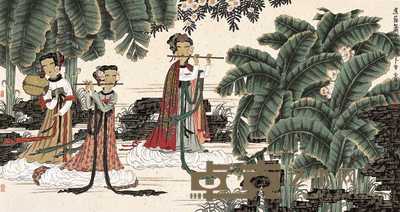 胡宁娜 辛巳(2001年)作 蕉荫箫声图 镜心 80×152cm